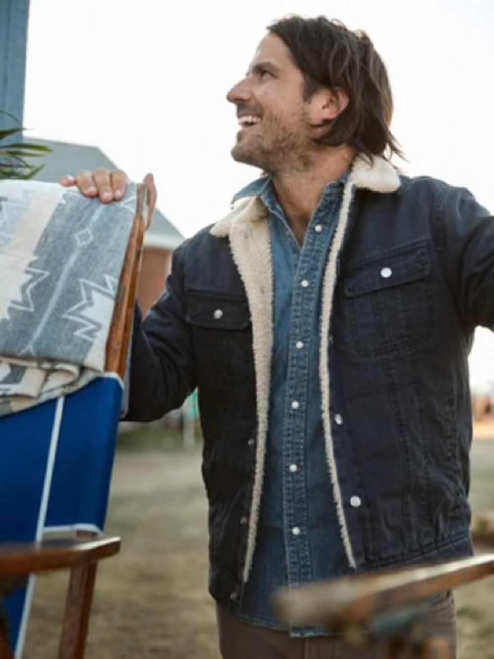 Faherty Black Denim Jacket with Cream Sherpa Lining